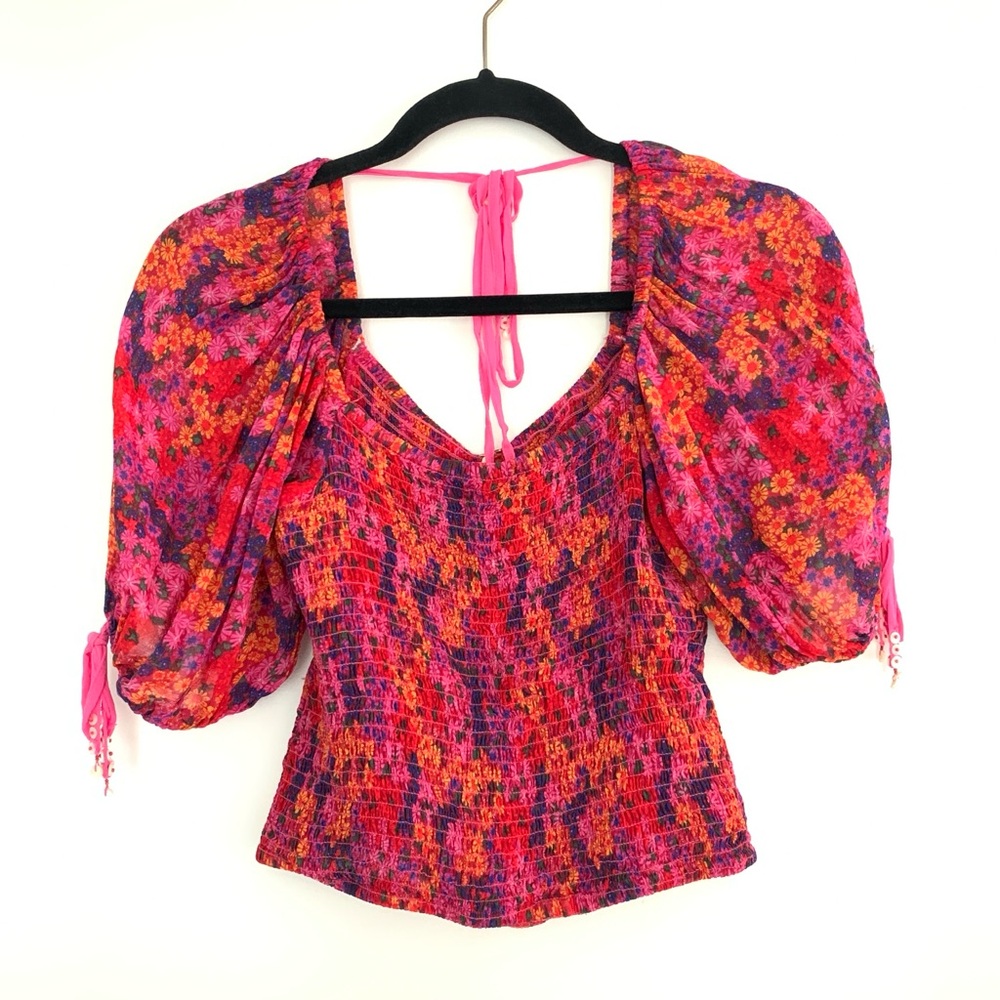 Free People Back On Top Smocked Ditsy Floral Print Puff Sleeve Crop Top
